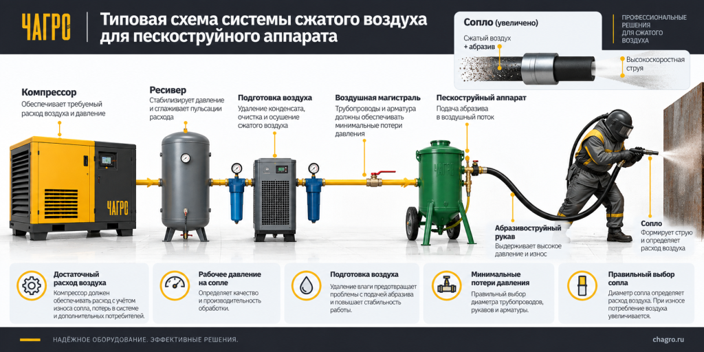 Типовая схема системы сжатого воздуха для пескоструйного аппарата